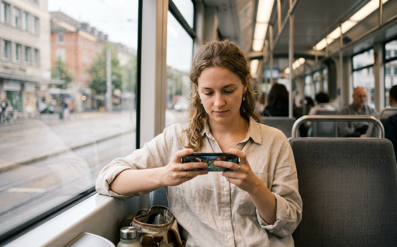 A woman on a tram, fully absorbed in a mobile game