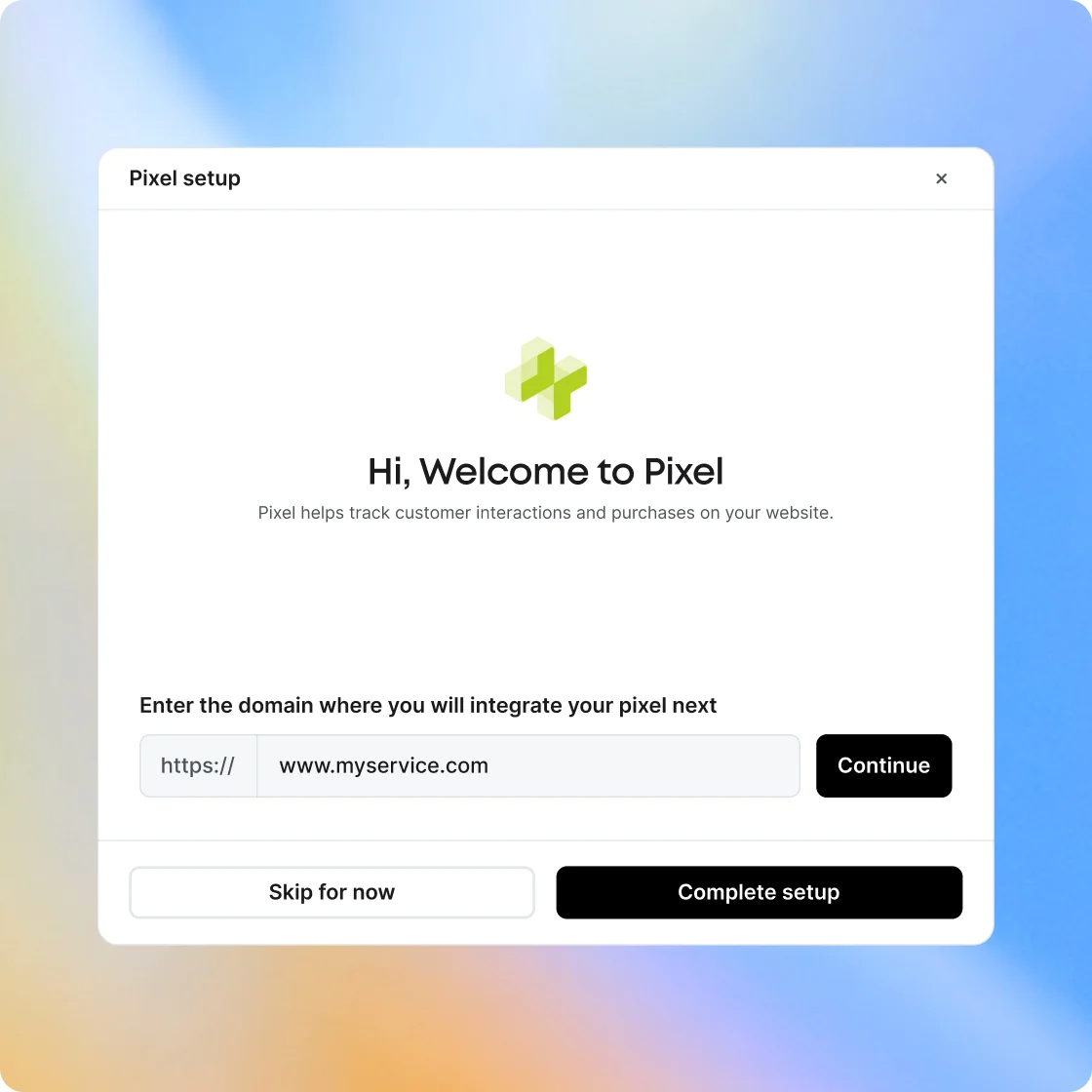 Pixel setup screen asking for your website domain